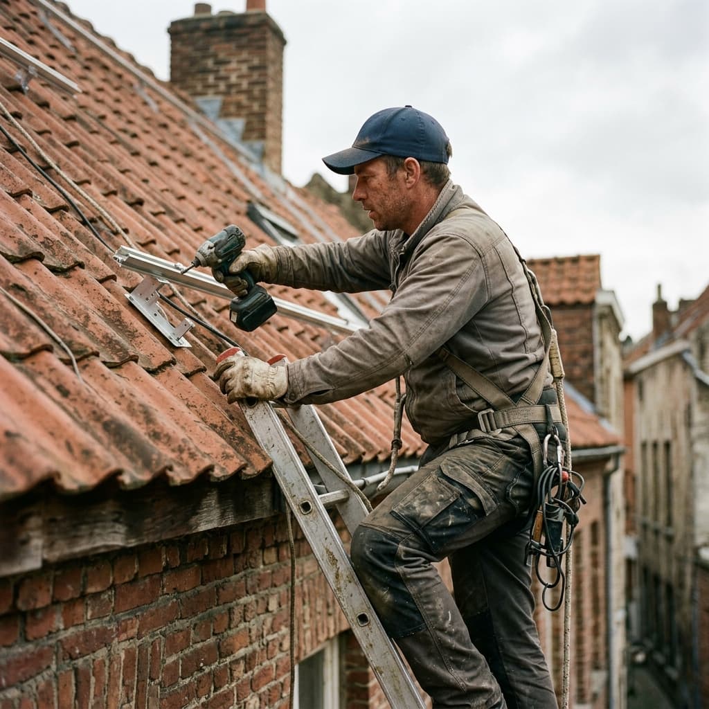 Instalador trabajando sobre el tejado con una escalera